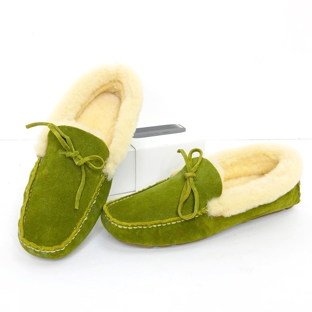 Banana Republic, green suede, Sherpa lined slippers
